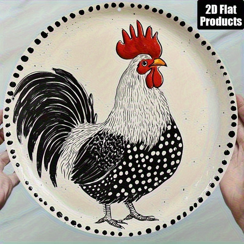 TEMU 2d Flat - Vintage-style Round Wall Decoration Featuring A Rooster, Measuring 7.87 Inches, Made Of Aluminum With A Black And White Polka Dot