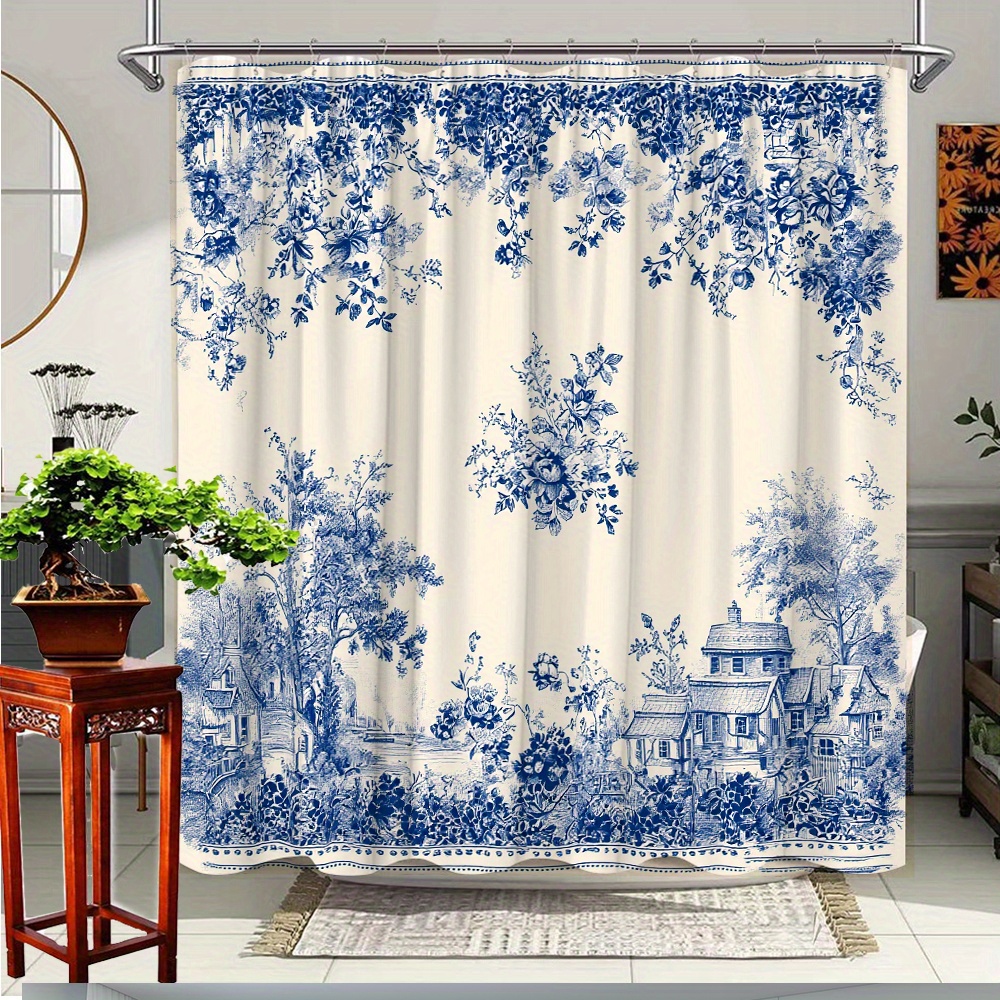 TEMU 2d Flat, 1pc Shower Curtain With & Tie-dye Country Scene - Blue Floral Rustic Bathroom Decor Suitable For - Use, Machine Washable Curtain With