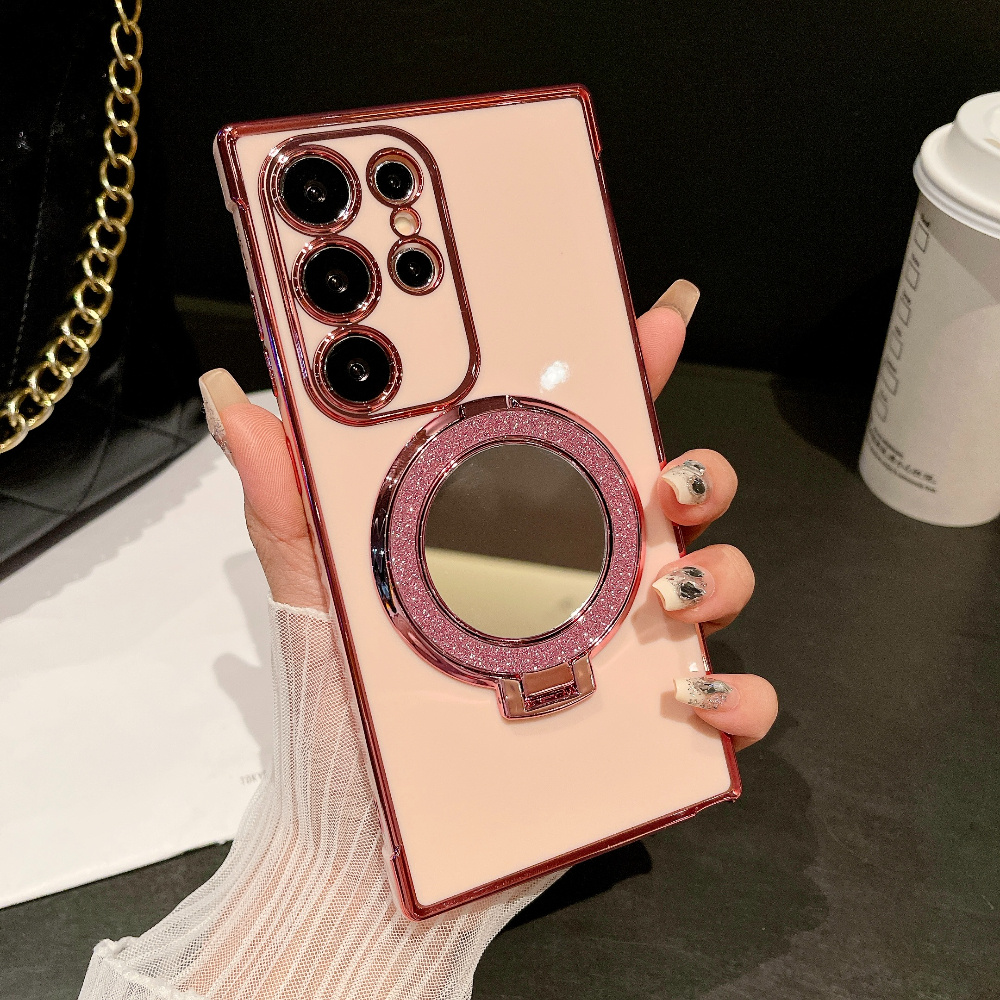 TEMU Phone Case - 5-color Side Flower And Glitter Mirror Holder Fashion Trendy Phone Case, Full Protection Creative Minimalist Niche Phone Case For