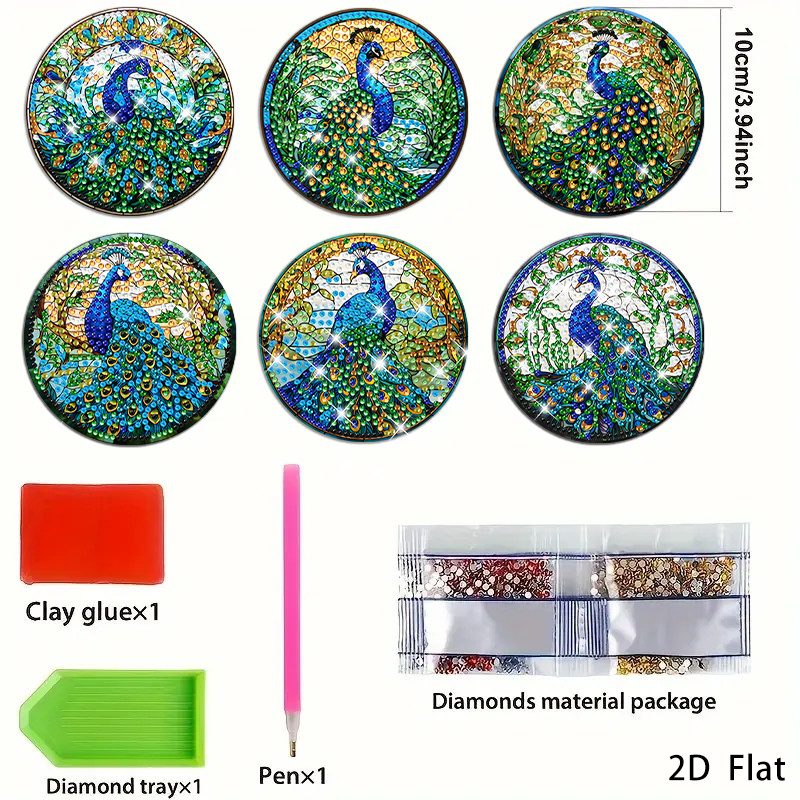 TEMU 6pcs Peacock Diamond Painting Coaster Kit, Diy Coasters, Decorative Art, Suitable For Home And Office Decor, Housewarming, Gift For Parents,