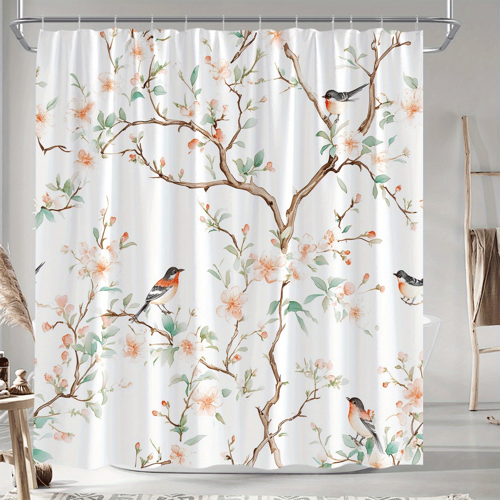 TEMU 1pc Rideau de douche à fleurs et oiseaux de printemps, texture de couleur douce, 70x70 pouces, polyester avec 12 crochets, lavable en machine,