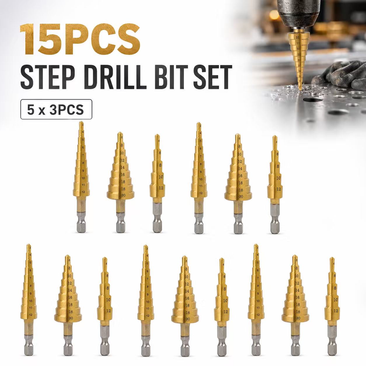 15pcs Metric Step Drill Bit Set, Titanium Coated Hss Cone Drills, For Thin Metal, Aluminum, Plastic And Wood Drilling