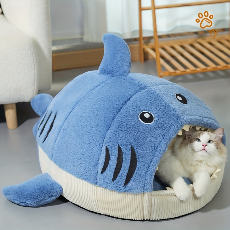 cozy shark shaped pet bed modern thick plush winter den for cats small dogs non assembled durable polyester with paw print   cushioned interior for indoor pets cat bed     cushioned material Product details 1