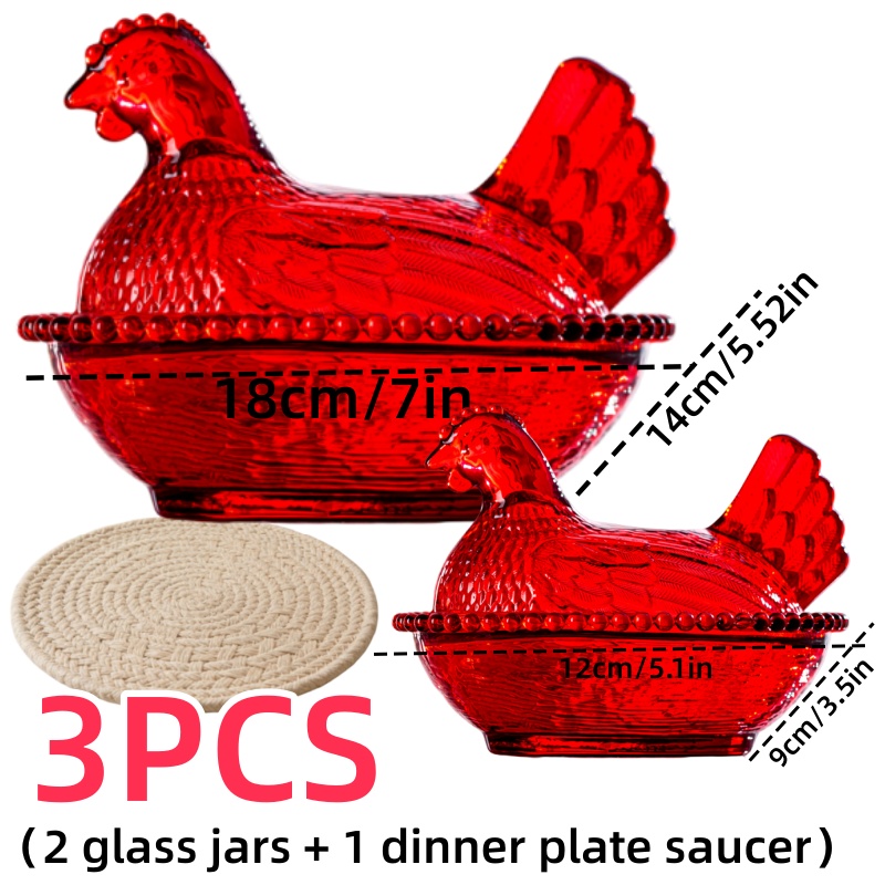 TEMU 3pcs Elegant And Durable Chicken Shaped Glass Storage Jar With Lid And Tray Pad - Local Warehouse Table Or Desk Decoration, Reusable - Perfect