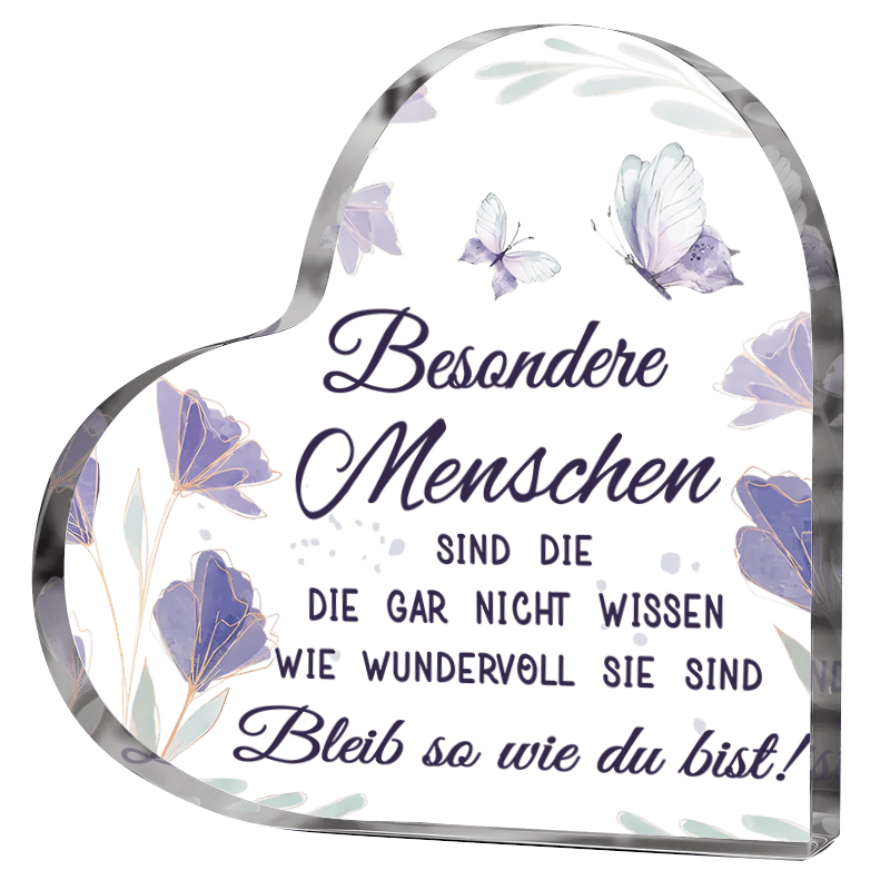 E-shop 2D-Flach, . herzförmiges Acryl-Schild mit deutscher inspirierender Botschaft, lila Schmetterling-Blumendesign, durchsichtiges Acryl, für