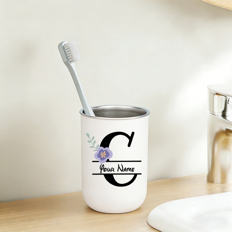 TEMU Mother's Day Gift, Personalized Floral Pattern Print With , Options, Double-layer Stainless Steel Household Drop-proof Toothbrush Cup/bathroom