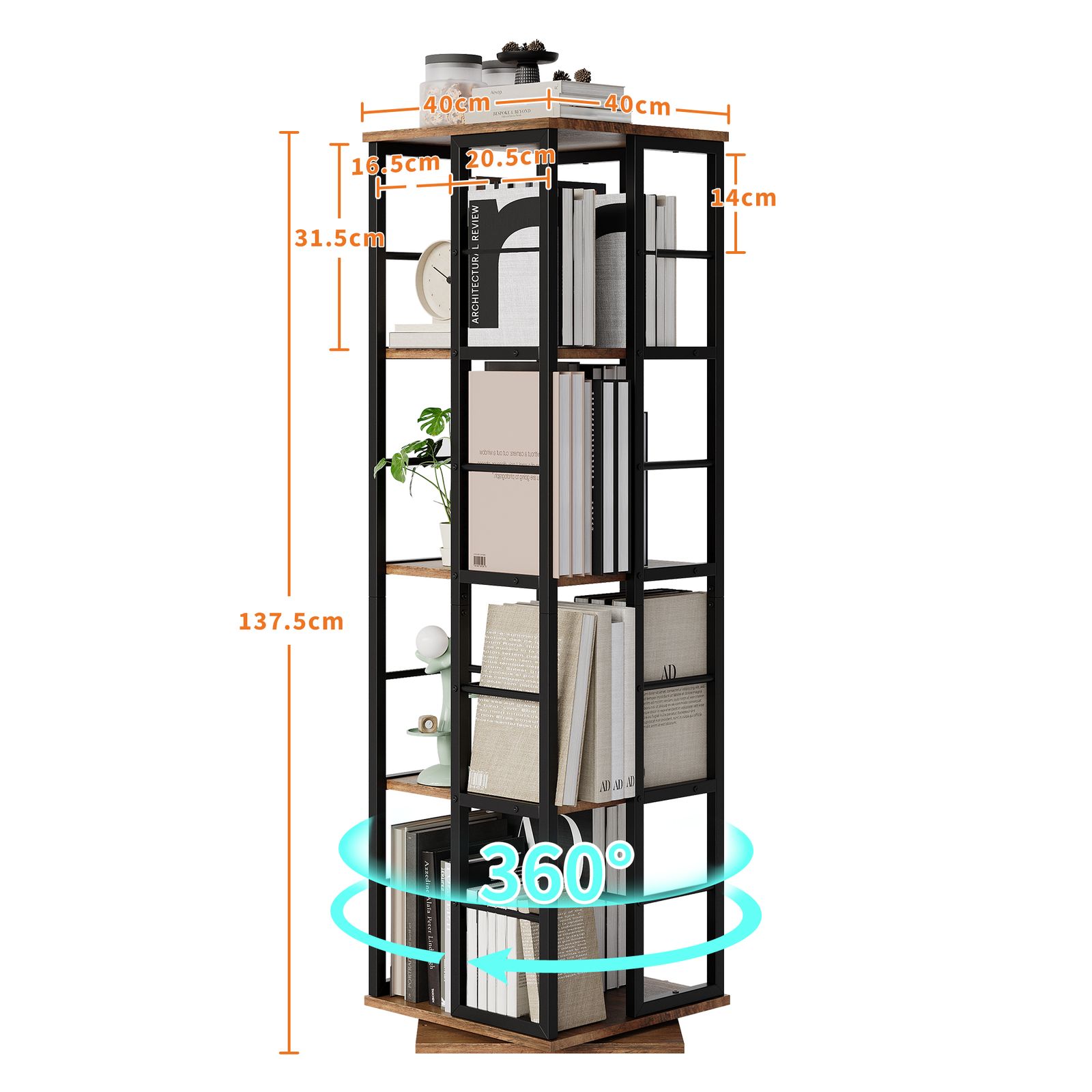 Image of Brown 4-tier 360° Rotating Metal Bookshelf | Freestanding Spinning Display Shelf With Safety Rails, Space- Bookcase For Living Room, Bedroom & Study