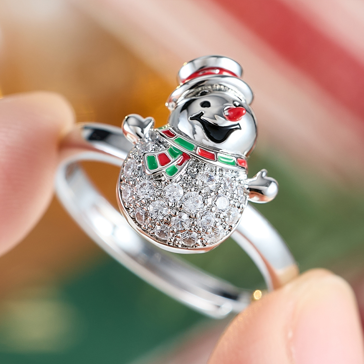 Christmas Snowman Enamel Rhinestone Open Ring, Holiday Gift