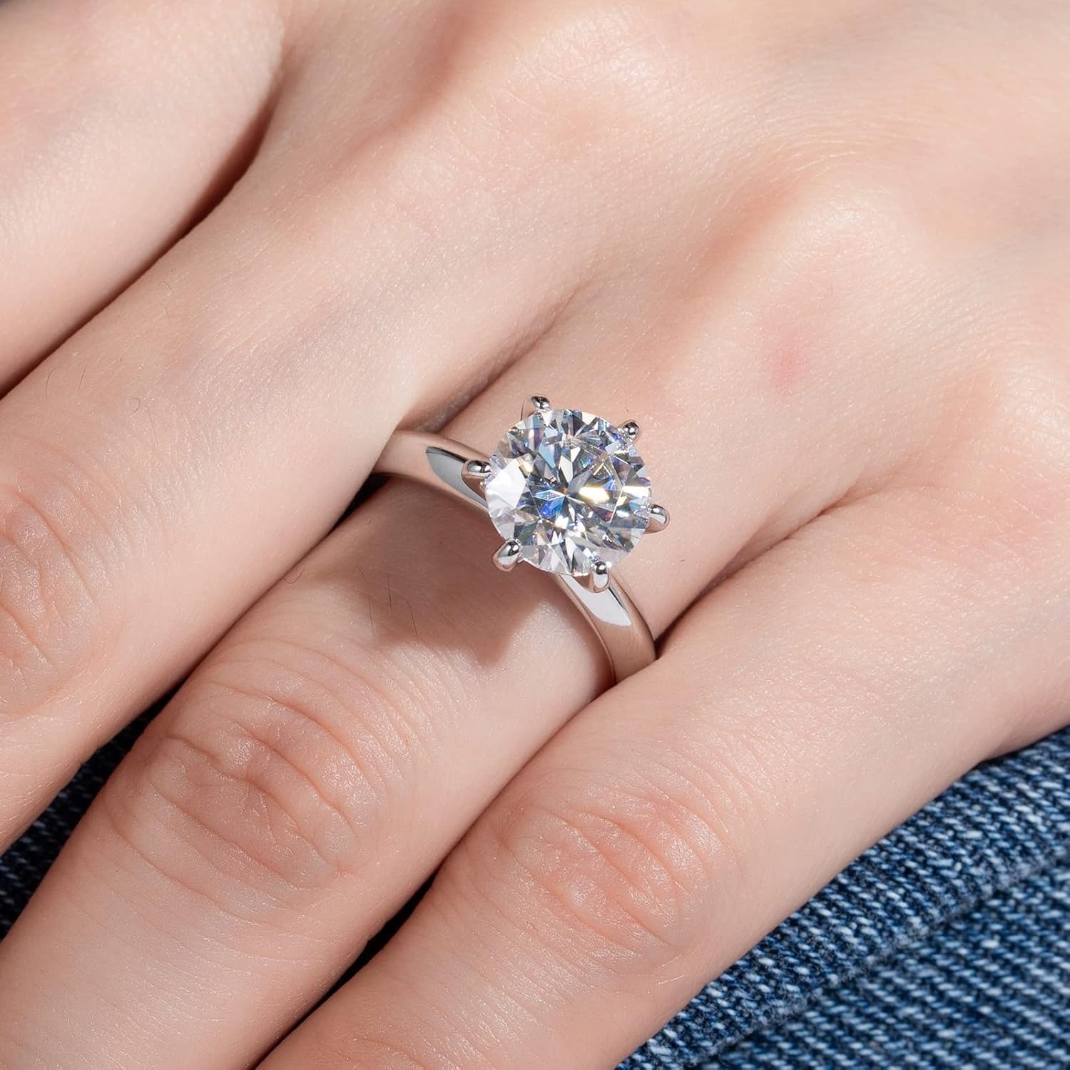 Women's 3.0 Carat White Synthetic Moissanite Six-Clawed Ring, 925 Silver