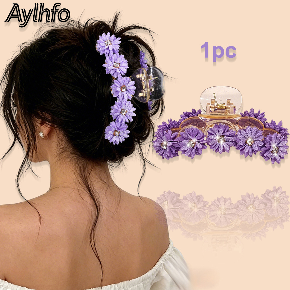 TEMU AYLHFO 1pc Pince à Cheveux Acrilique Florale Chrysanthème avec Strass Brillant, Collection Printemps Été, Pince à Cheveux Bohème Tendance Femme,
