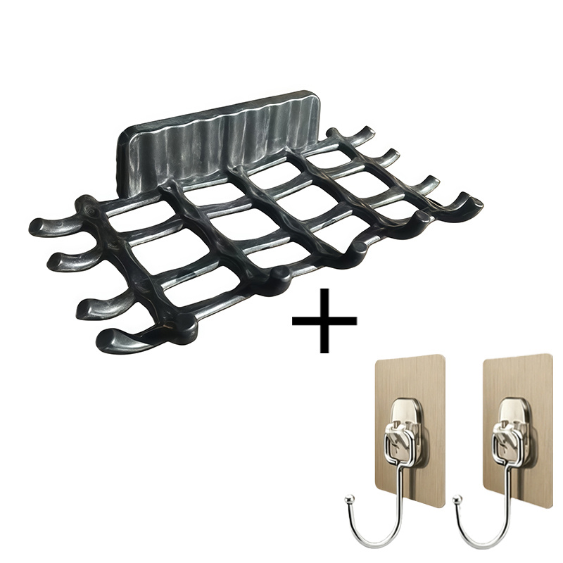 TEMU 3pcs Set (1pc Soap Dish And 2pcs Hooks) Fashionable Wall-mounted Bathroom Soap Box With Drainage Slot, Black And White Square Design - No