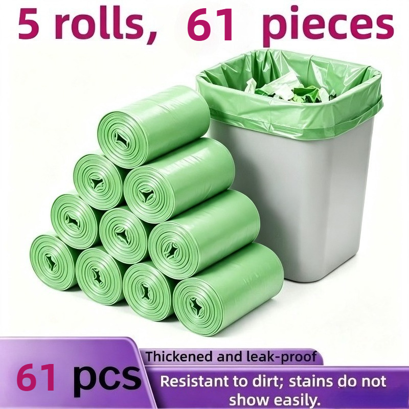 TEMU 5-roll 61pcs Green Leak-proof Trash Bags, Suitable For Home, Kitchen, Office, And Outdoor Cleaning! Trash Bags, Suitable For Home, Kitchen,