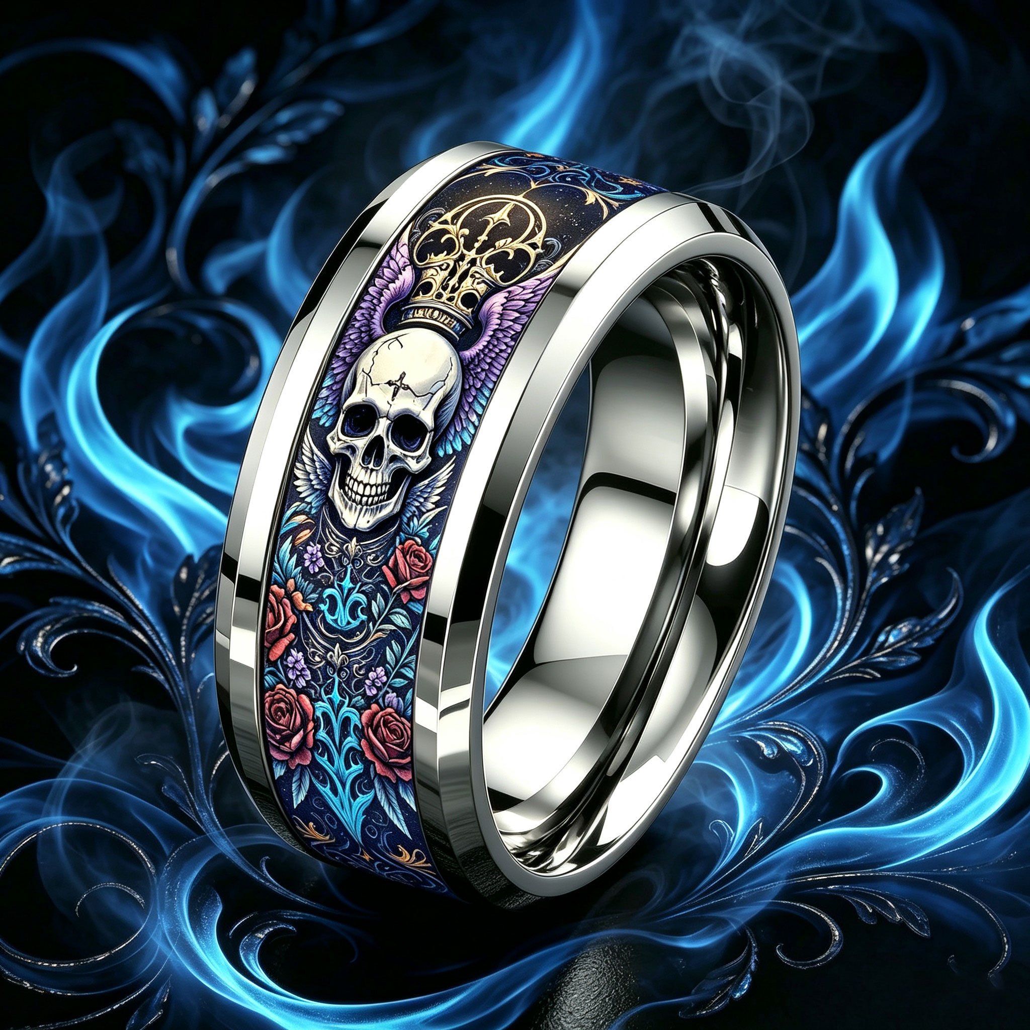 Crown Wing Skull Red Rose 304L Stainless Steel Ring