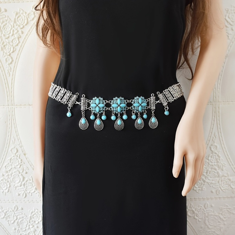 1pc vintage alloy imitation turquoise inlay waist chain belt  display picture 1