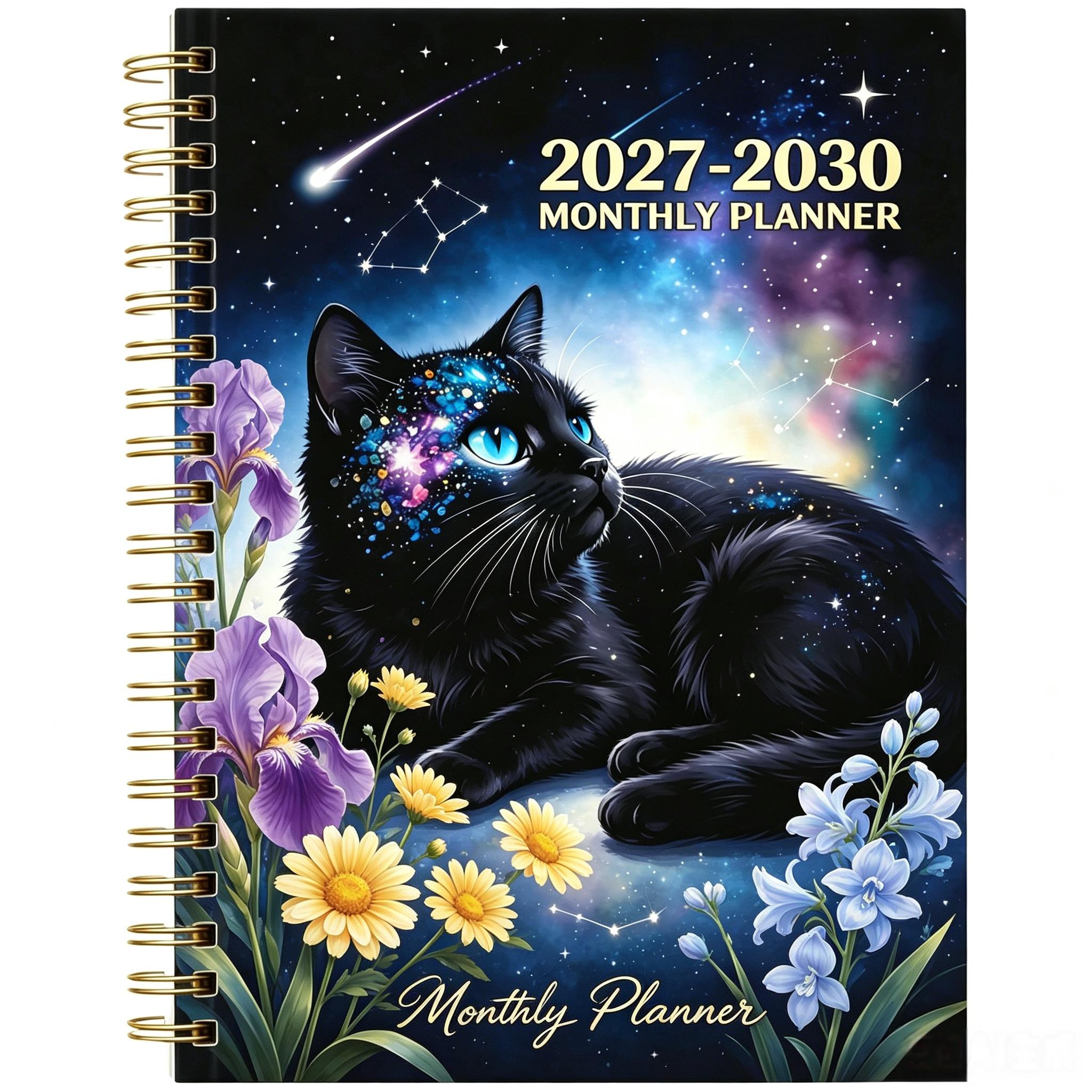 TEMU 2027-2030 Monthly Planner/calendar - 2027 To December 2030, Four-year Monthly Planner, Black Cat Floral Theme Cover , Annual Calendar Planner,
