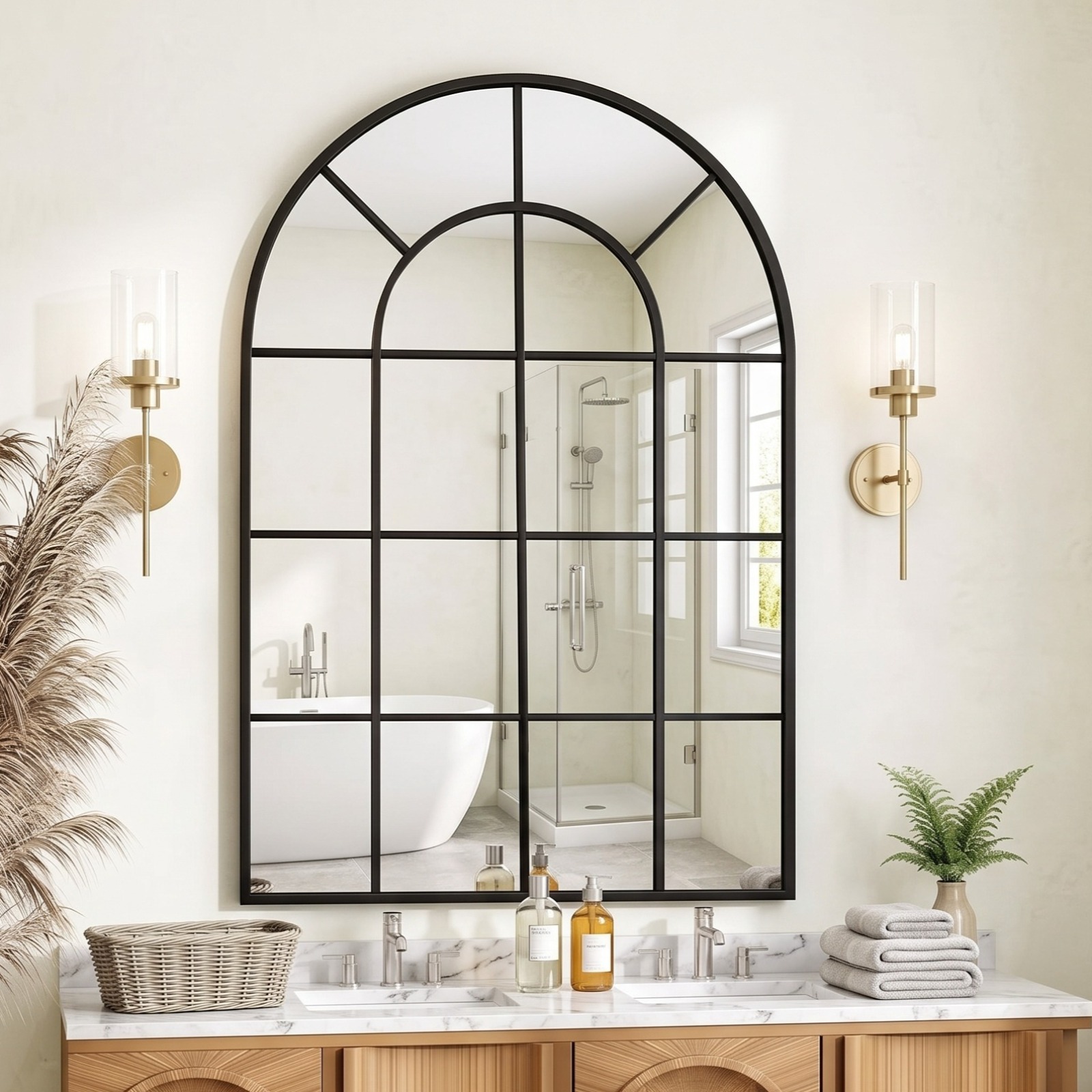 Image of Bathroom Vanity Wall Mirror, Black Arched Windowpane Grid Decorative Mirror, Farmhouse Metal Framed Wall Mounted And Makeup Mirror For Bathroom Over Sink Decor