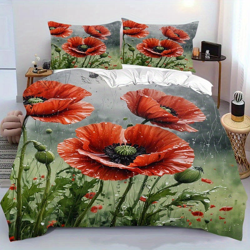 E-shop 2/3-teiliges Rot Mohnblumen Druck Bettbezug Set, Bettbezug Set Enthält Bettbezug Und Kissenbezüge - für Schlafzimmer, Bettwäsche, Dekoration |