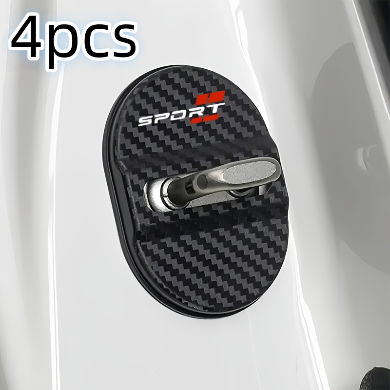 TEMU 4pcs Sports Car Door Lock Cover - Sport Style Theme - Carbon Fiber Textured Black And Logo Design, Noise Reduction Sound Insulation Sticky