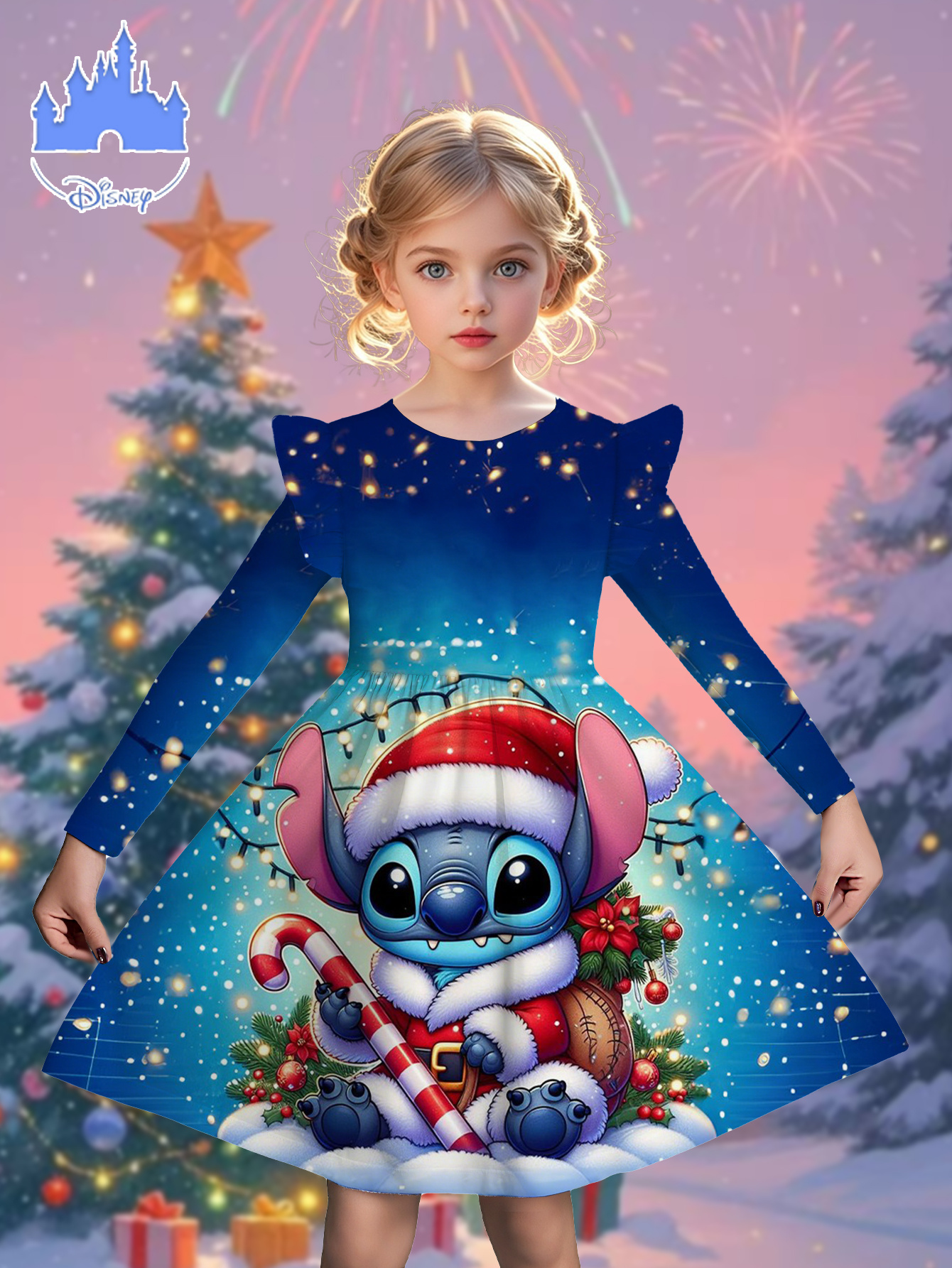 Kerst All-Over Print Mode Fantasy Lente/Herfst Nieuw Vakantiecadeau Meisjes Ruffle Lange Mouw Jurk met Stitch Kerstprint