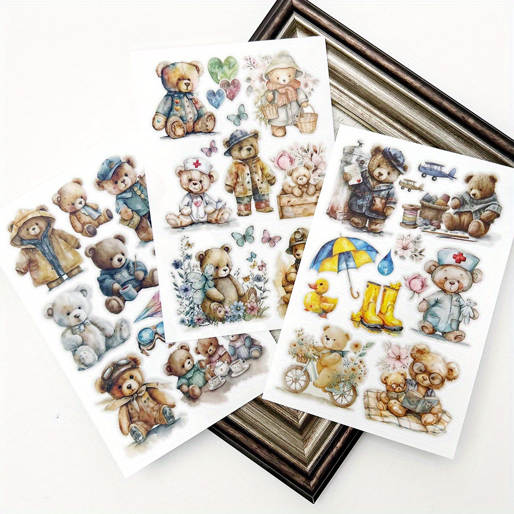 3 Vintage Teddy Bear Rub-on Stickers Depicting Cozy Everyday Scenes, Suitable For Planners, Scrapbooks, And Crafts