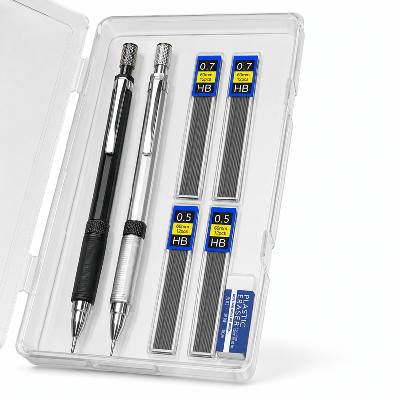 TEMU 0.5/0.7mm Mechanical Pencil Set, 2pcs Pencils And 4pcs Hb Leads And 1pc Eraser, Suitable For Artist Sketching And Painting, Office Use, For Art
