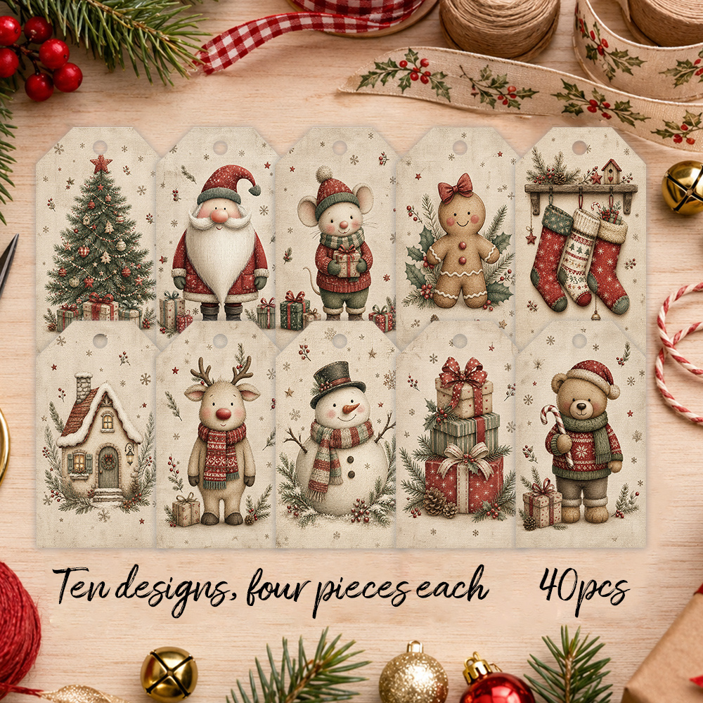 TEMU 40pcs, Retro Christmas Character Tags, 10 Styles Of Gnome Teddy Bear Reindeer Snowman Labels, Winter Gift Tags, Christmas Tree Decoration Cards,