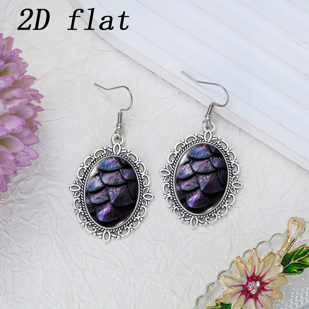Iridescent Purple Dragon Scale Pattern Glass Earrings, 2D Flat Design