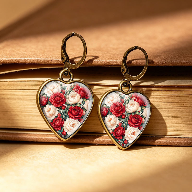 Unisex Vintage Heart-Shaped Glass Dome Dangle Earrings