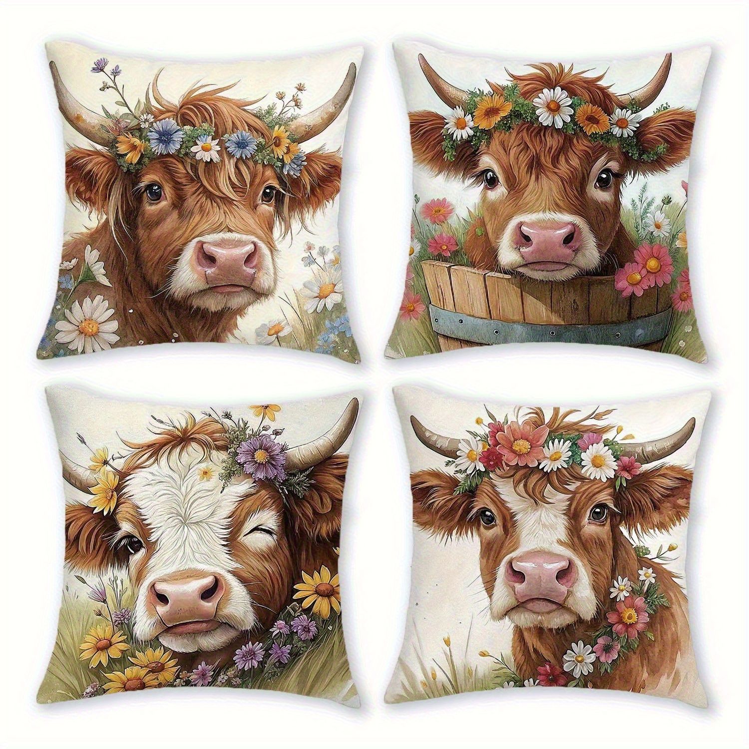 TEMU 4pcs, Highland Cows And Floral Pattern Pillow Covers, Country Style Cushion Covers, Zipper Closure Pillowcases, Suitable For Farmhouse Style,