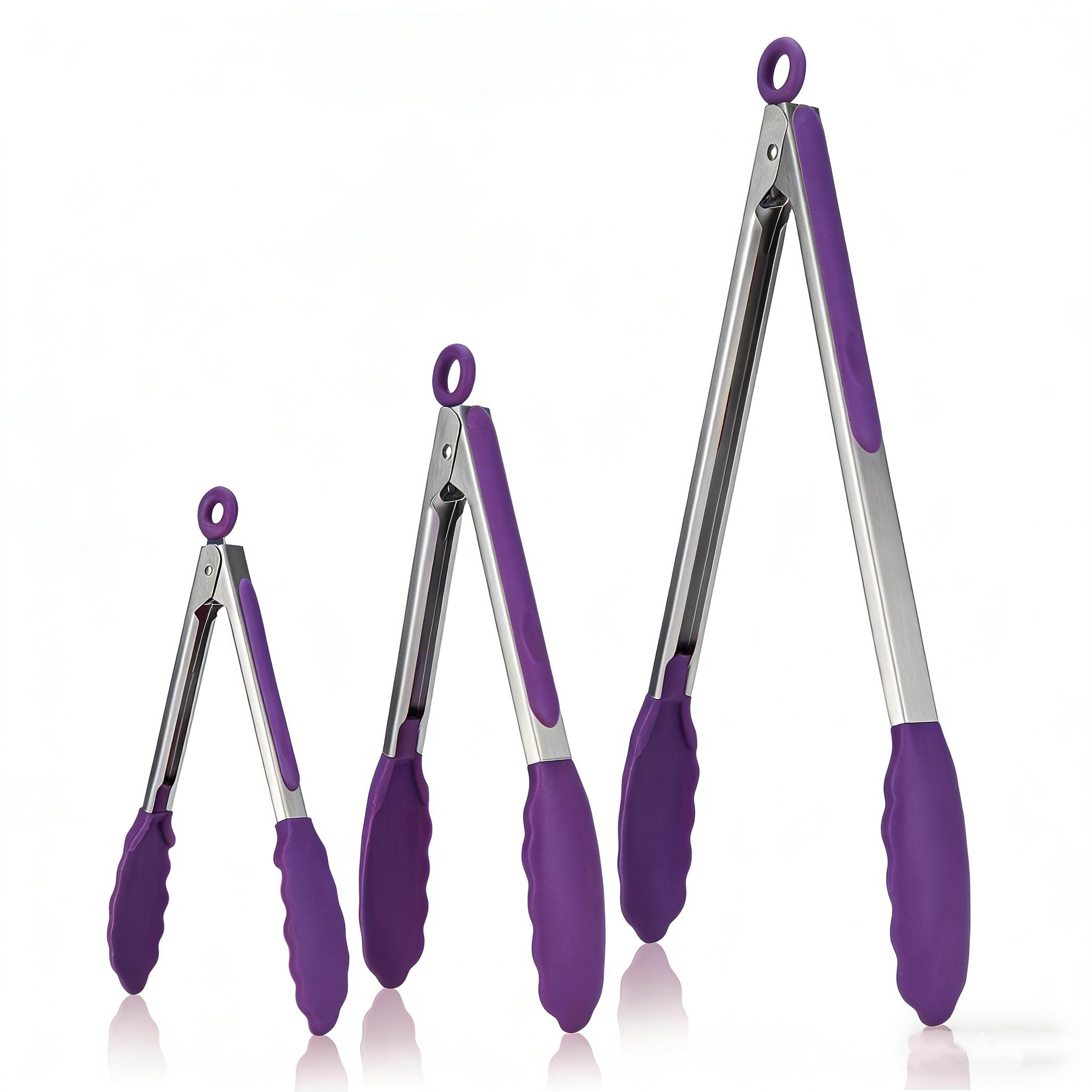 Image of 3pcs Food Clamp- Clamped, 7 Inches, 9 Inches, 12 Inches, Purple, Suitable For Safe Use On Plates, Barbecue, Ovens, And Dishwashers- Multifunctional Kitchen Tool, Suitable For And Outdoor Barbecue