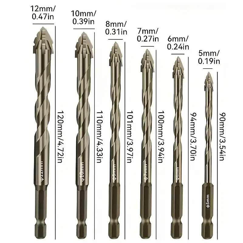TEMU 6pcs (5/6/8/10/12mm) 4-flute Twist Drill Bit Set, Hex Shank - Suitable For Ceramic Tile, Cast, Glass, Marble, Concrete, Wood Dry Drilling Tool