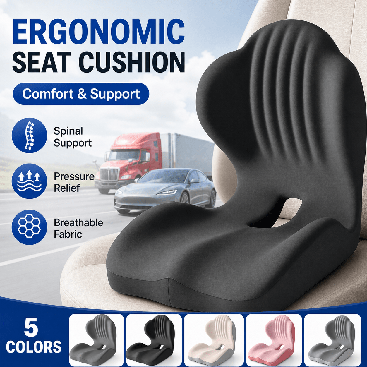 TEMU Comfortable Backrest Cushion With Lumbar Support, Ergonomic Memory Foam Seat Cushion, Shell-shaped One-piece Breathable And Comfortable Backrest
