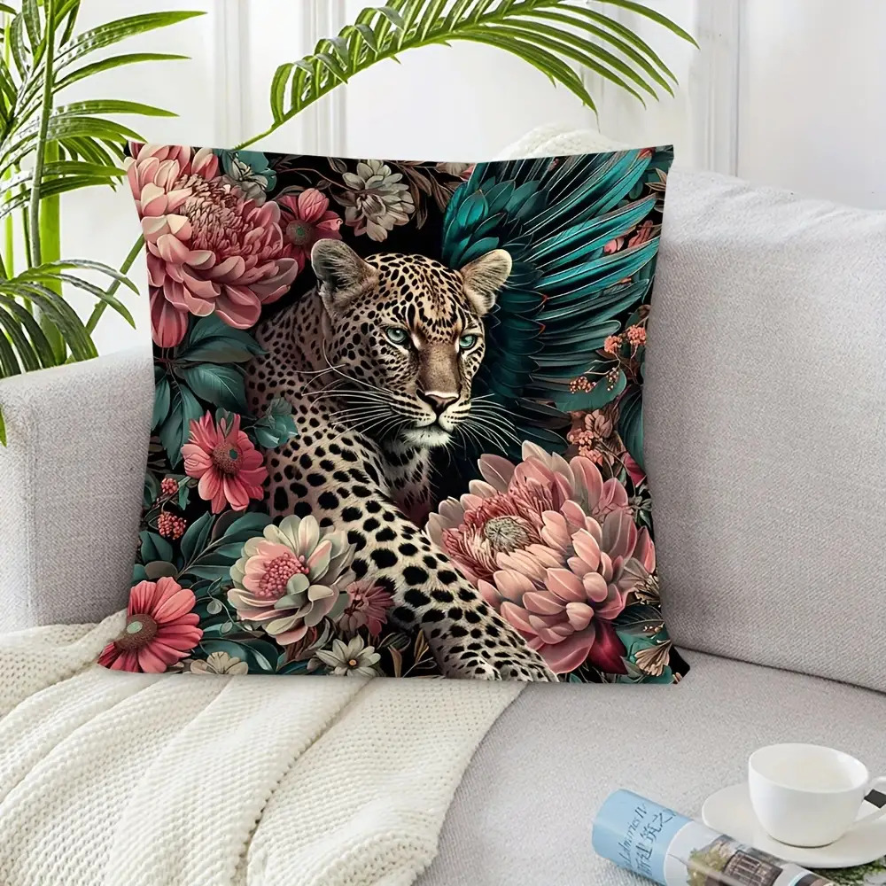 TEMU 1pc, Polyester Leopard And Floral Print, Soft Short Plush Pillow Cover, Home Decor Pillow Cover - Removable And Machine Washable, Suitable For