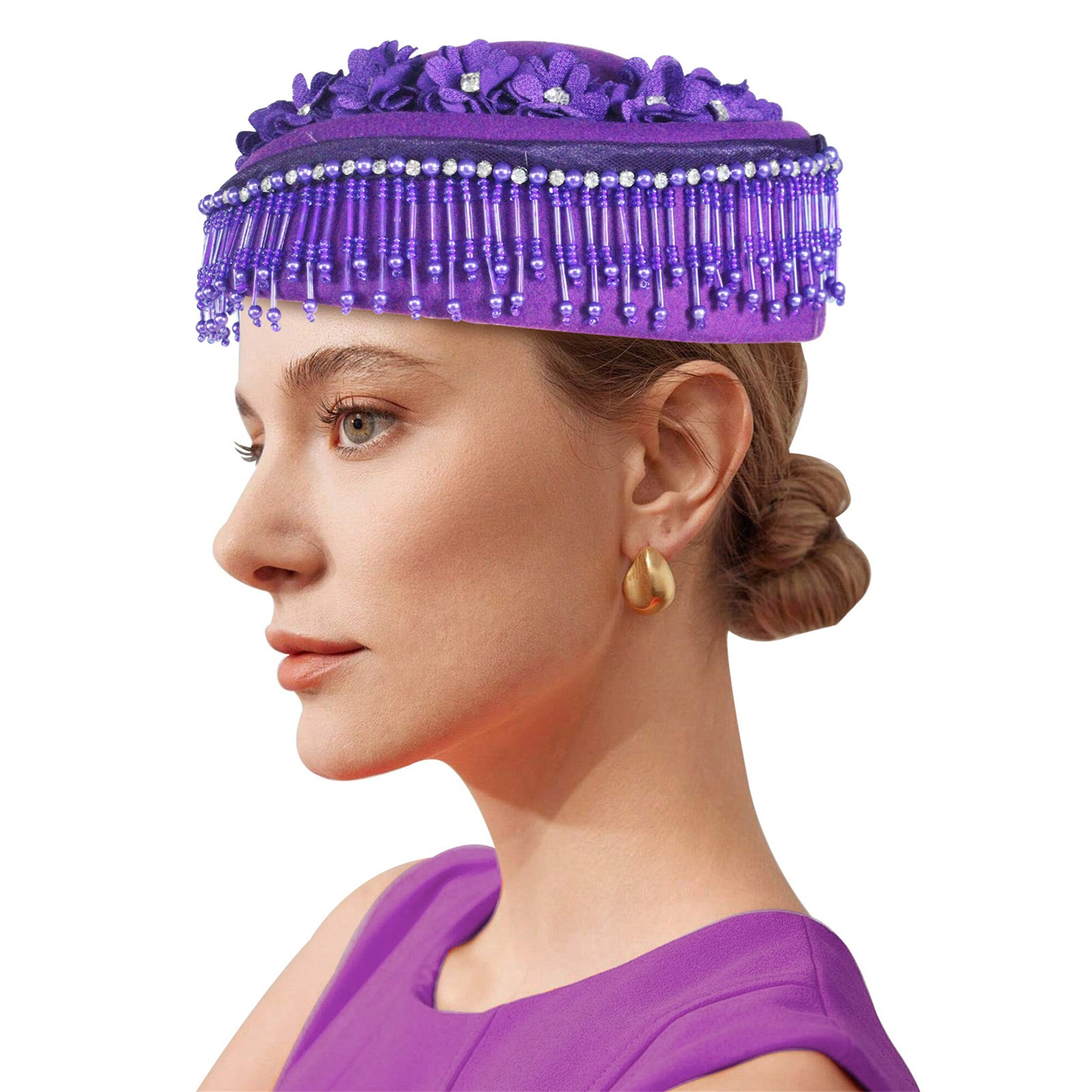 elegant felt church hat beaded tassel floral - Temu