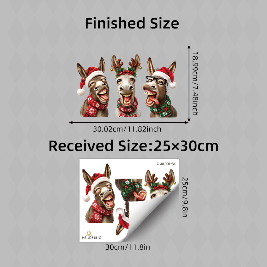 TEMU 1pc Funny Christmas Donkey Static Adsorption Window Stickers, 3 With Santa Hat Scarf Reindeer Headband Electrostatic Glass Clings, Xmas Holiday