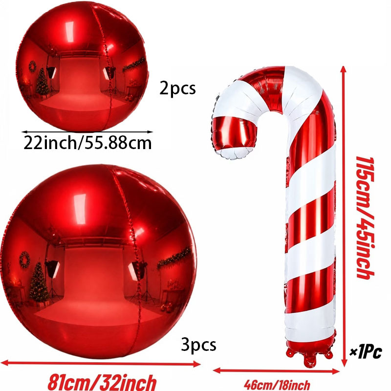 TEMU 6 piezas de bastones de caramelo navideños extragrandes a rayas y blancas y globos de lámina 4D rojos, adecuados para decoraciones de fiestas de