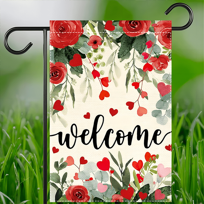 

Valentine's Day Garden Flag - Double-sided, Waterproof Burlap With Roses & , Love Welcome Theme For Outdoor Decor, 12x18 Inch, No Pole Included