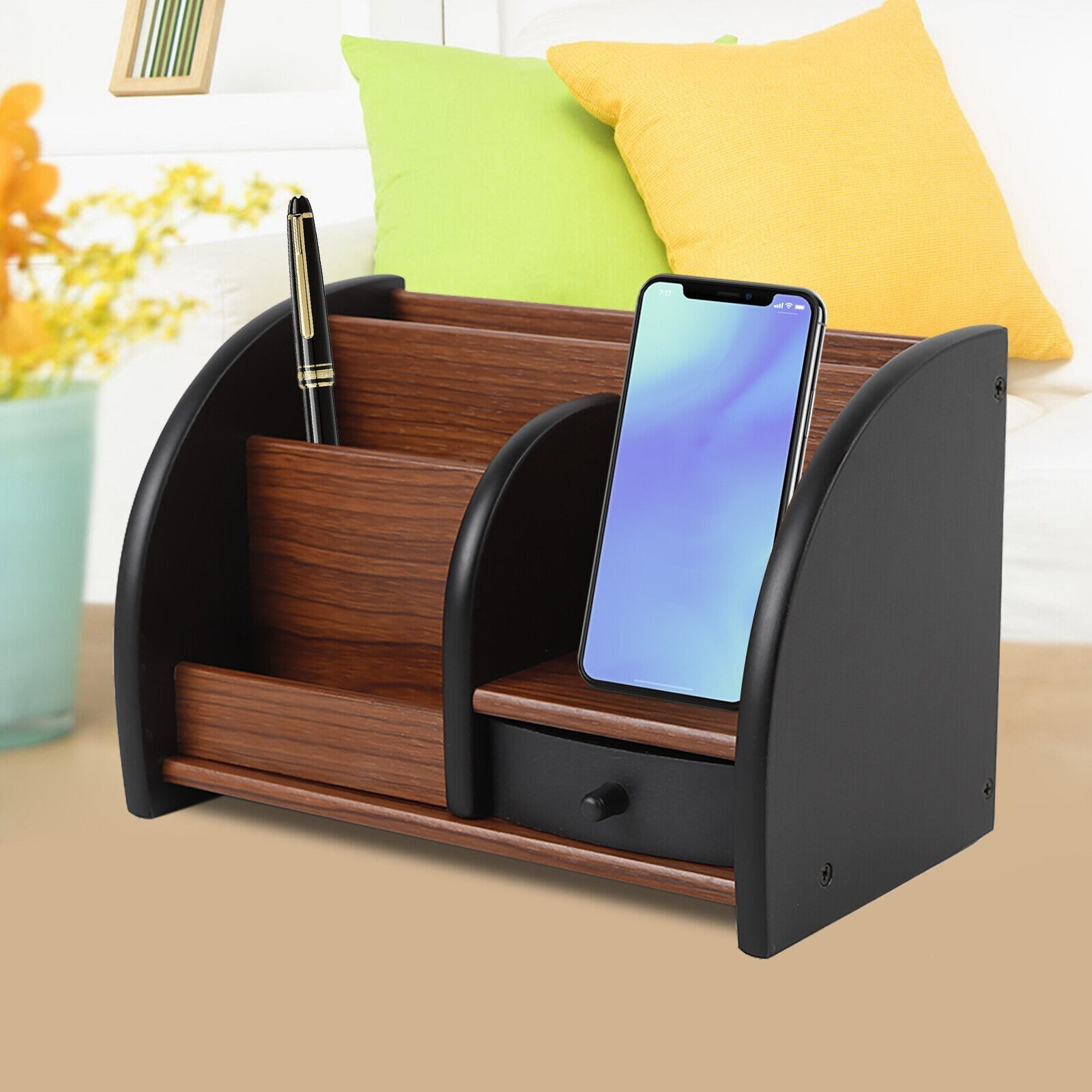 

1pc Wooden Desk Organizer With 5 Compartments And Drawer - Multi-functional Office Stationery Holder For Home, School, And Office Use