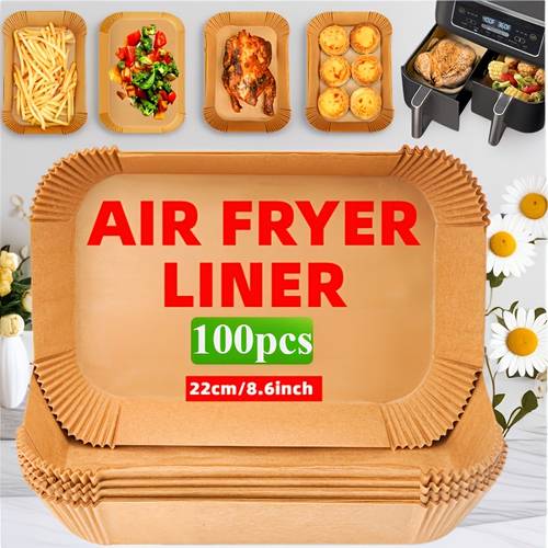 100pcs 50pcs pre cut air fryer liners 22x14cm non stick baking paper suitable for double basket fryers heat resistant disposable rectangular paper easy to clean and reusable bulk v pack for home and commercial use air fryer additions