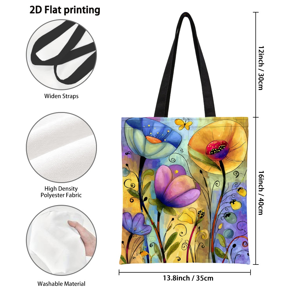 TEMU 1pc Creative Colorful Floral Graphic Print Polyester Tote Bag - Reusable Grocery Bags With Sturdy Handles, Multifunctional Shoulder Bag For