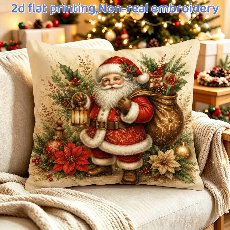 TEMU Taie d'oreiller Père Noël Vintage Imprimé Plat 2D, Impression Simple Face, Coussin Non , 1 pièce, Taille 45x45cm/18x18 Pouces avec Fermeture