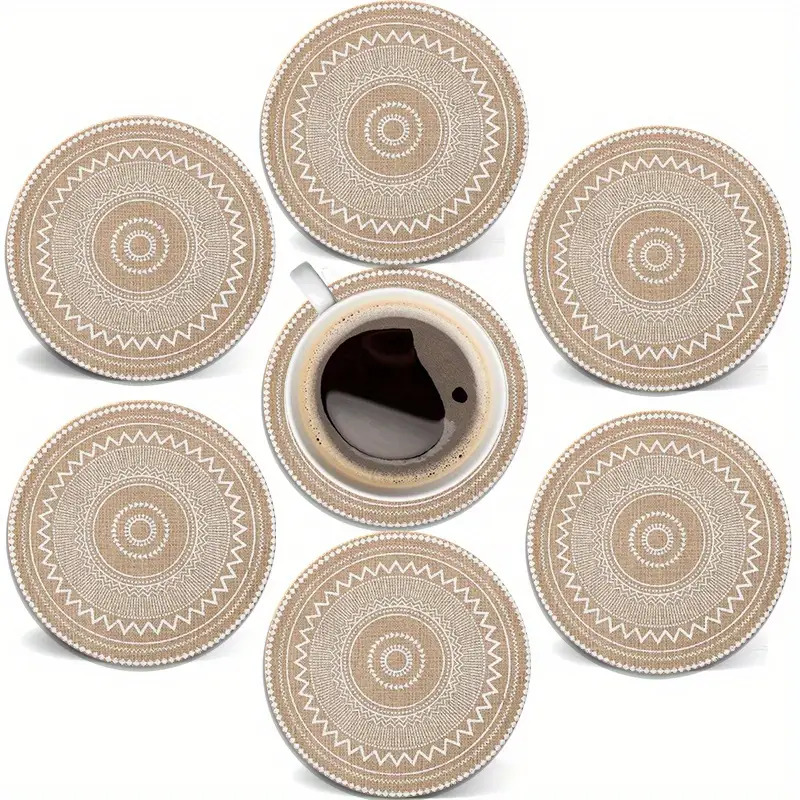 TEMU Huiselijke Kleine Decoratie, 6-delige Set Ronde Houten Onderzetters/Linnen-Lijk Breipatroon Ontwerp - 2D Platte Druk , Geschikt voor Warme en