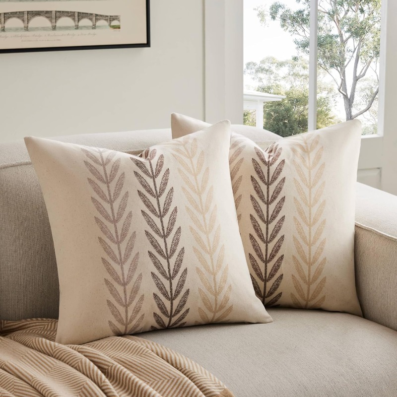 Image of 2pcs Set Of Farmhouse-style Leaf Short Plush Pillow Covers In Beige And Brown Mix, Pastoral-style Decorative Printed Cushion Covers Suitable For Sofa, Bed, And Living Room Home Decor