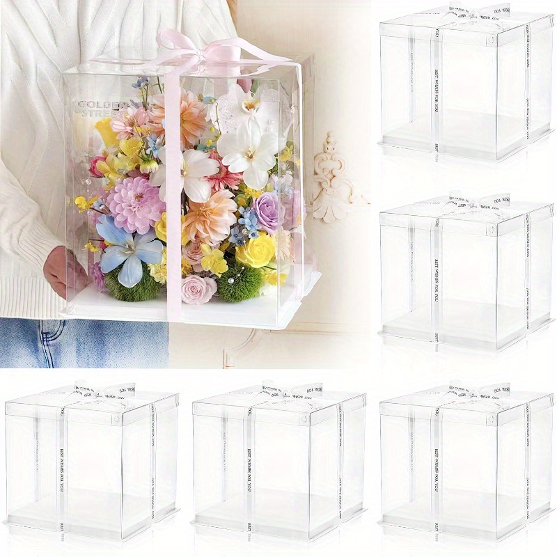 5pcs Clear Box With Ribbon 2-layer, Clear Pvc Round Gift Box - Transparent Display Case For Birthdays, Christmas, And Special Occasions - Perfect For Flowers, Art Crafts, And Rose