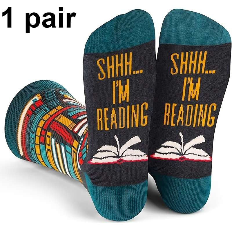 TEMU 1/3-pair Men's Mid-calf Socks Suitable For Teen - "shh! I'm Reading" Sole Lettering, Color-blocking, Breathable Moisture-wicking Thin Socks For