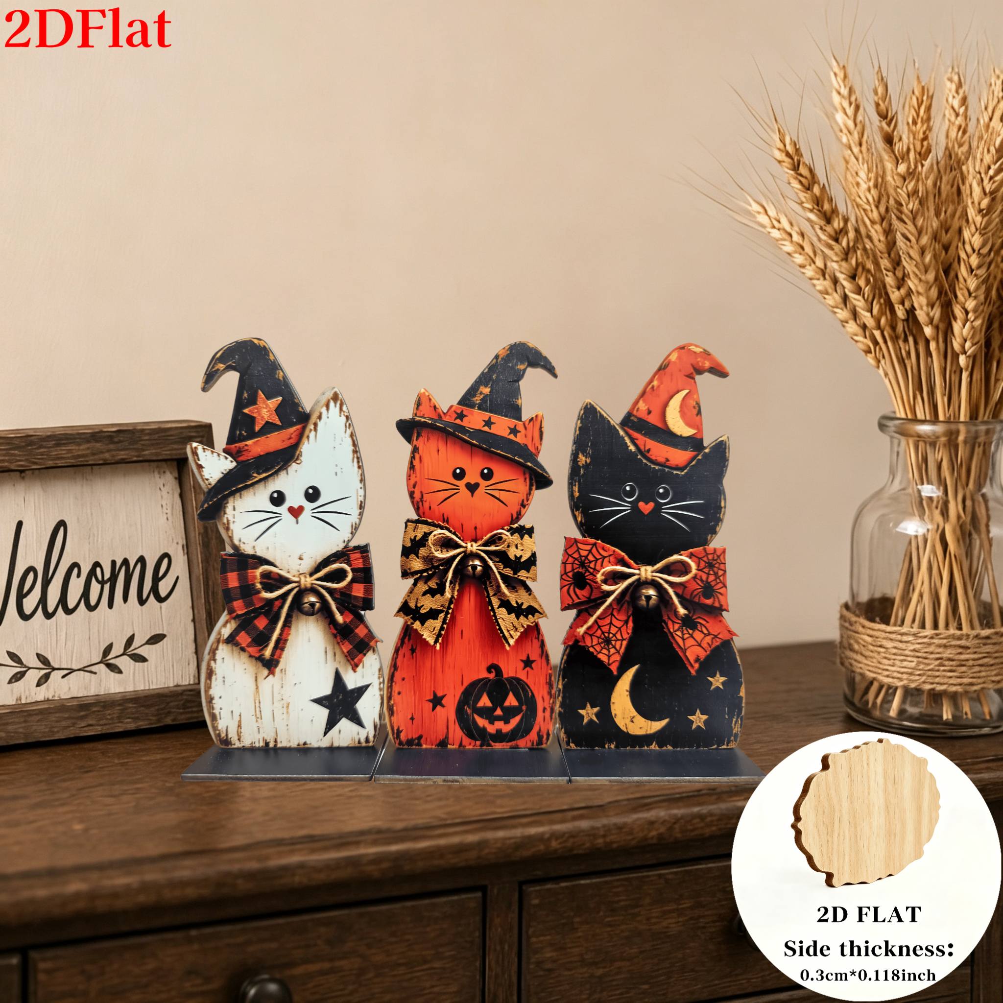 TEMU Set di decorazioni 2D piatte da 3 pezzi con gatto strega vintage, ciascuno con un design unico, con cappello a punta da strega, fiocchi scozzesi