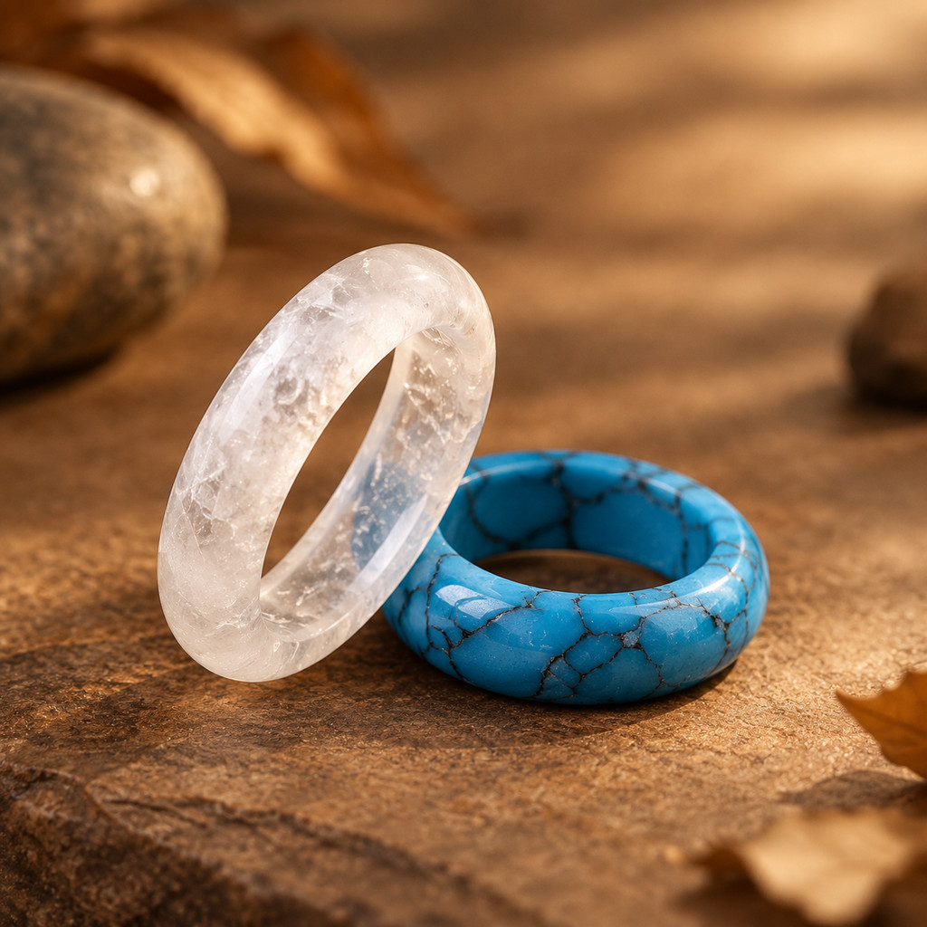 2pcs White Crystal & Deep Blue Turquoise Natural Stone Ring Band Set