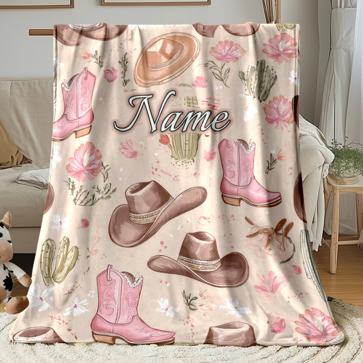 TEMU 1 couverture portable personnalisée avec un nom, présentant un design de cowboy western, idéale pour la décoration intérieure, les voyages, le