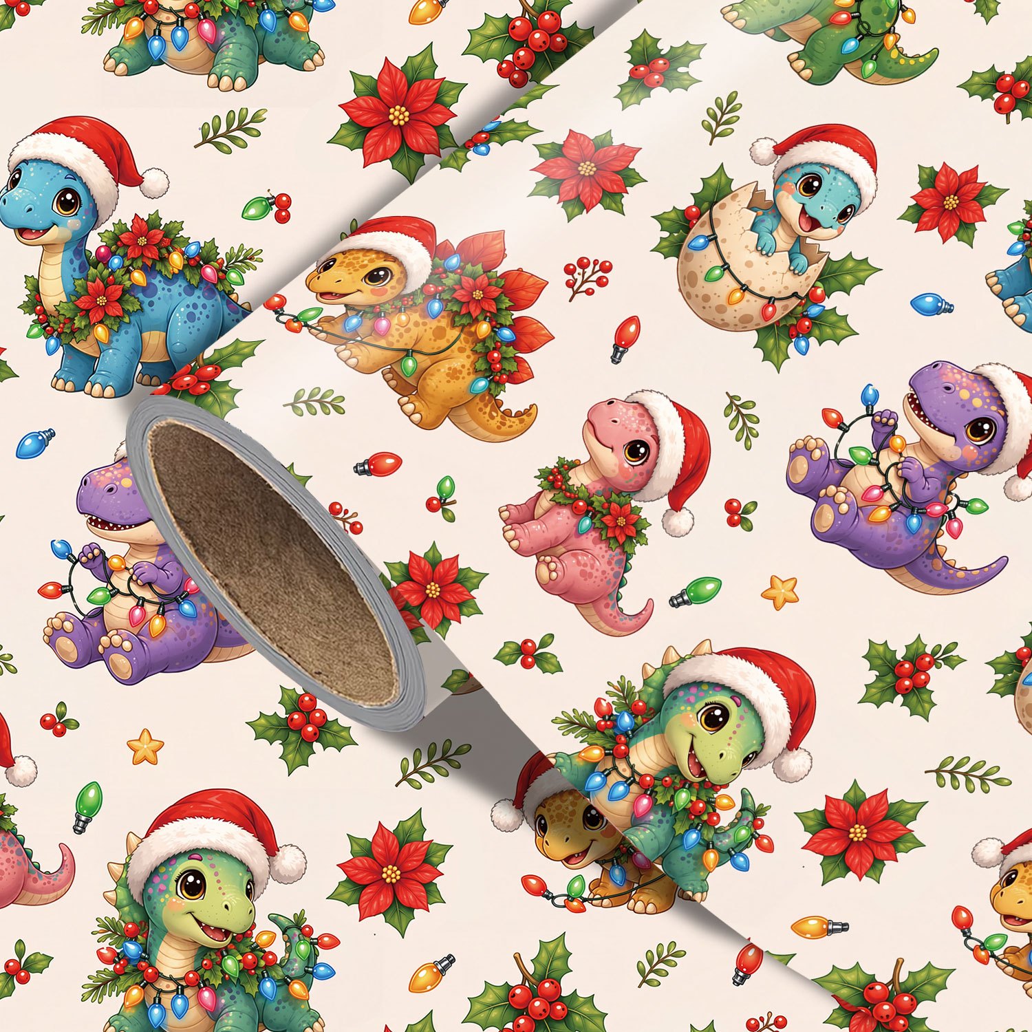 TEMU Dinosaur Christmas Wrapping Paper Roll - Measures 17.7 Inches X 118 Inches, String Lights, Poinsettias, Holly, And Dinosaur Egg Designs, Perfect