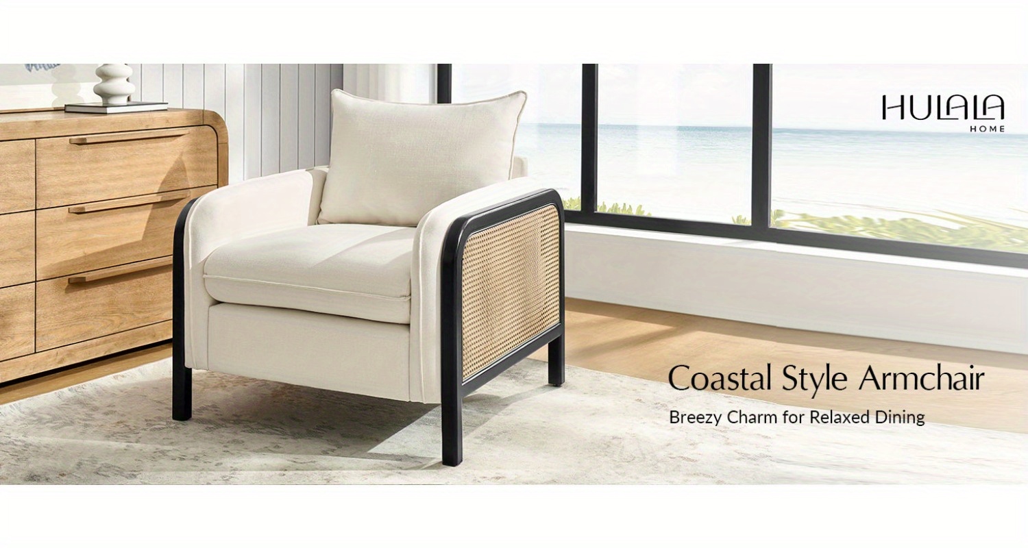 Modern Woven Rattan Accent Chair with Wooden Armrests & Legs - Detachable Cushion, Upholstered Seat, Natural Brown Finish for Living Room, Bedroom, or Makeup Room - Easy Assembly, Durable Polyurethane & Hardwood Construction, Bedroom Seating, Elegant Seating Option, Sturdy Construction, Home Decor Lovers
